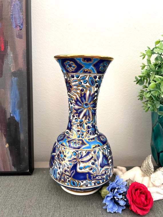 Rare Vintage Greek Handmade Ceramic Vase Keramik Paradiss Rhodes Greece 1960s Abstract Blue White Gold Pottery Enamel Floral Deer Bud Vase