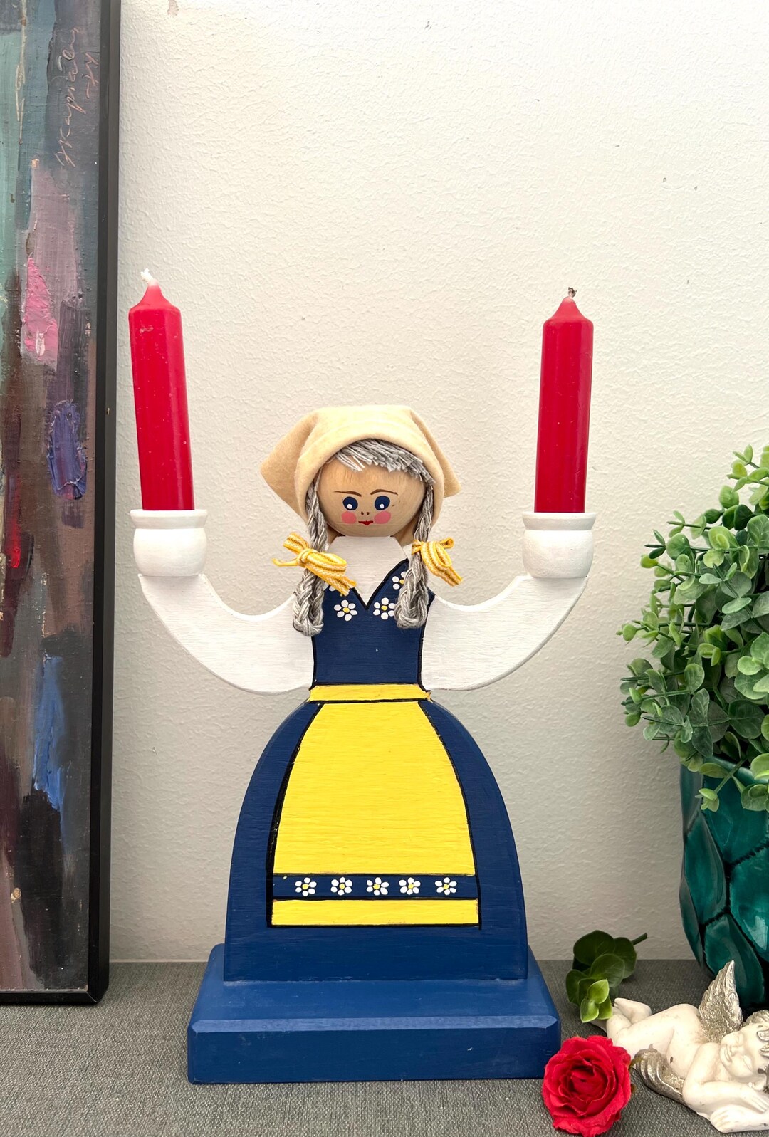 Amazing Swedish Lucia Girl Candle Holder Handmade Handpainted, Vintage