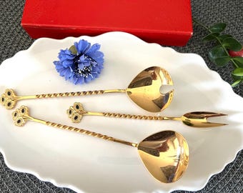 amazing Vintage Estonian Gold Plated Dessert serving Spoons. Set of 3, Tallinn Jewelry Factory. ussr gilded spoons, perfect condition gold