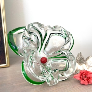 Beautiful vintage art nouveau heavy  glass vase, butterfly shaped bonboniere 1960’s vase Vintage MCM Murano Art Glass green  coloured vase