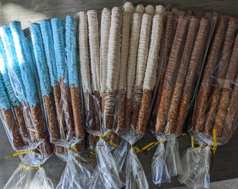 Baby shower chocolate pretzel sticks, blue, tan, white, pink, pick your own colors, personalized