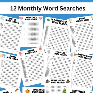 Pack of 12 monthly Word Searches perfect for Class Parties and Bell Ringers