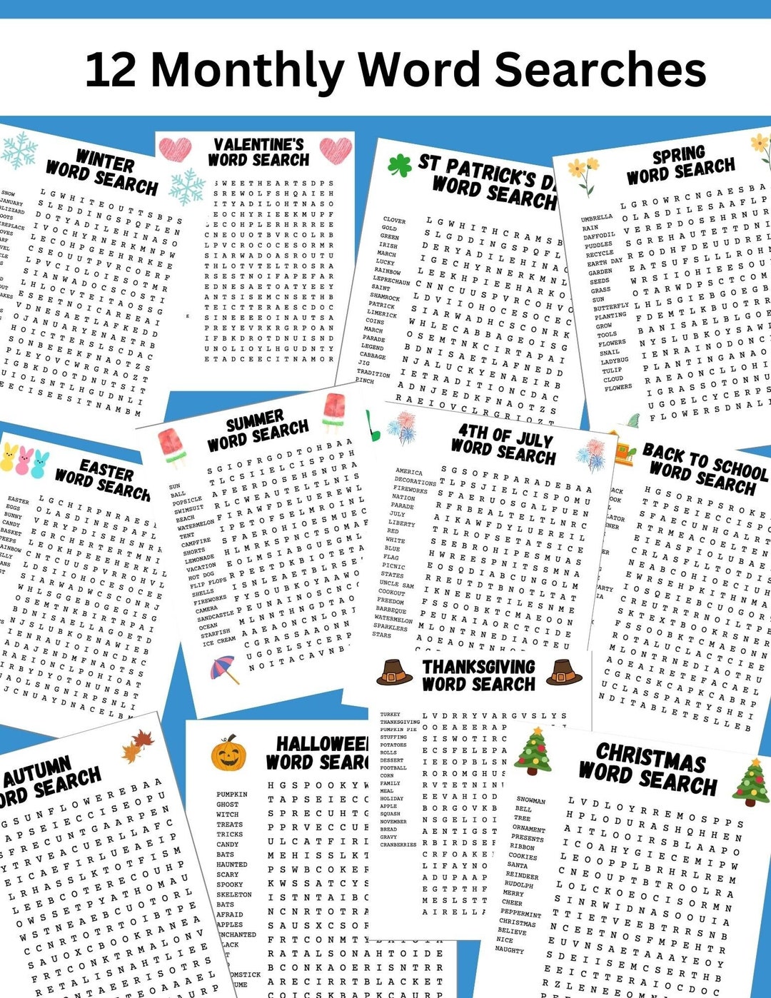 Pack of 12 Monthly Word Searches Perfect for Class Parties and Bell ...