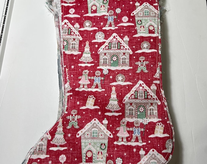 Featured listing image: Handmade Christmas Stocking Fabric Liner, Gingerbread House Red Flannel, Bucilla Stocking Accessory Kit, Festive Holiday Decor Sewing Craft