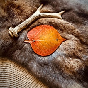 May include: An orange and yellow leaf-shaped leather coaster with two small metal rivets. The coaster is set on a backdrop of brown fur and a deer antler. The overall theme is rustic and natural.