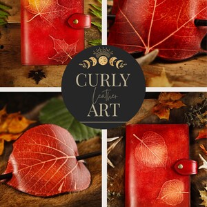 May include: A collage of red leather items with leaf imprints. The items include a journal with a snap closure, a leaf-shaped hair accessory, and a large leaf. The Curly Leather Art logo is in the center, with the website address at the bottom.