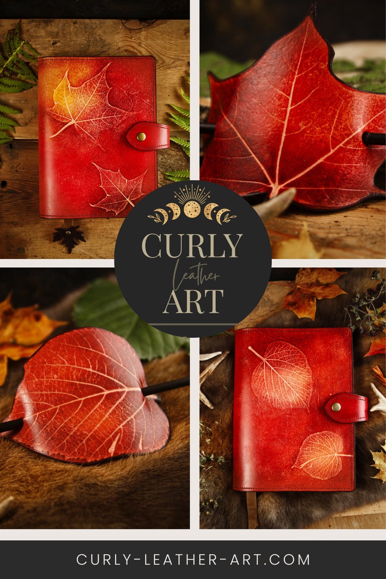 May include: A collage of red leather items with leaf imprints. The items include a journal with a snap closure, a leaf-shaped hair accessory, and a large leaf. The Curly Leather Art logo is in the center, with the website address at the bottom.