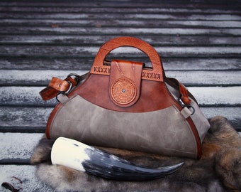 Handmade • leather handbag • “Freja” with • Vegvisir • design • handle bag • shoulder bag • leather shoulder bag • leather bag