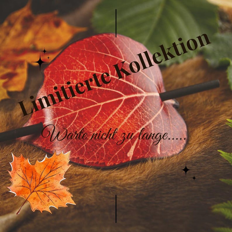 May include: A red leaf-shaped hair accessory with a black stick pin. The accessory has the text "Limitierte Kollektion" and "Warte nicht zu lange..." on it. The accessory is on a brown surface with autumn leaves.