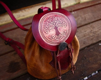 Small backpack, made of leather, tree of life, mini backpack, brown leather backpack, women's leather backpack, gift for Vikings, mini backpack