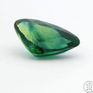 May include: A faceted, oval-shaped gemstone with a gradient of green hues. The gem transitions from a lighter, yellowish-green to a deeper, forest green. The cut of the stone creates multiple reflective surfaces.