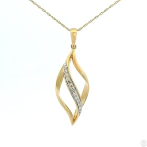 Vintage 10k Yellow Gold Wavy Marquise Pendant Necklace Natural Diamonds 18 inch
