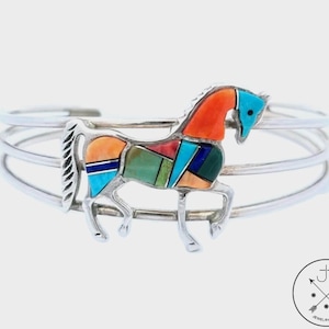 Vintage Navajo Sterling Silver Horse Mosaic Turquoise Cuff Bracelet 6.6 Inch Signed