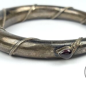Unique Vintage Sterling Silver Tapered Bangle with Garnet 2.5 Inch