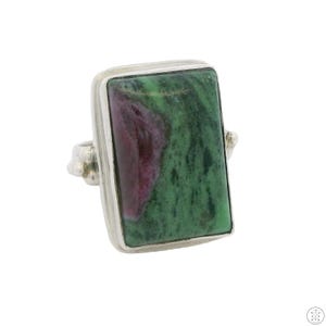 May include: A rectangular silver ring featuring a large, polished gemstone. The gemstone is a mix of green and red hues, with a rectangular shape. The ring has decorative elements on the sides.