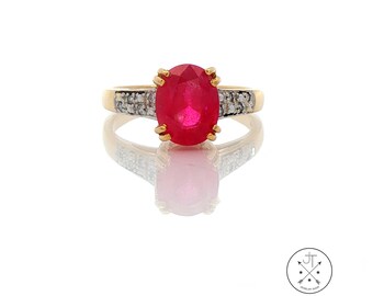 Vintage 18k Yellow Gold Ring with 2.24 ct Natural Ruby and Diamonds Size 7.25