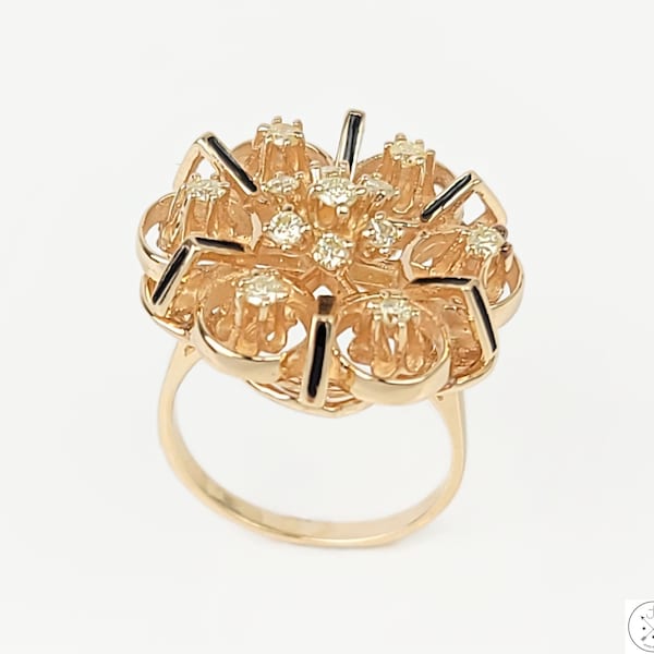 Vintage 14k Yellow Gold Flower Ring with Diamonds and Enamel Size 7.5