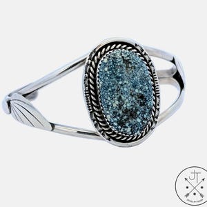 Vintage Navajo Sterling Silver Cuff Bracelet New Lander Chalcosiderite Turquoise 6.7 Inch Signed Platero