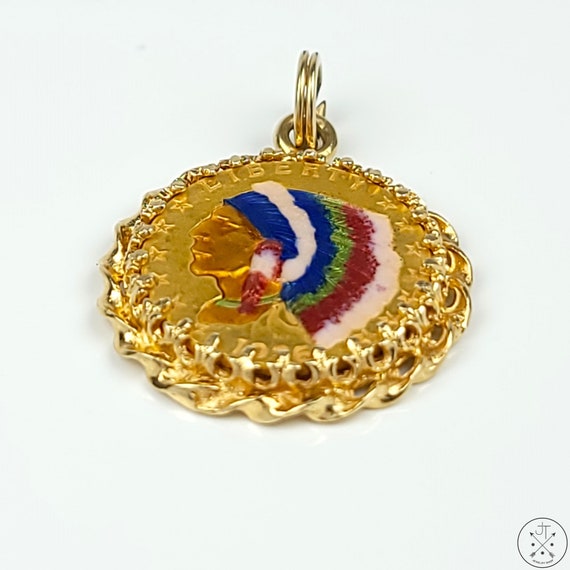 Vintage 14k Yellow Gold Pendant with Colorized 19… - image 5
