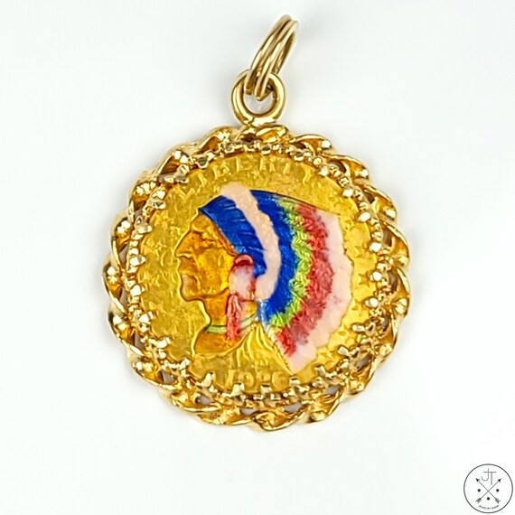 Vintage 14k Yellow Gold Pendant with Colorized 19… - image 1