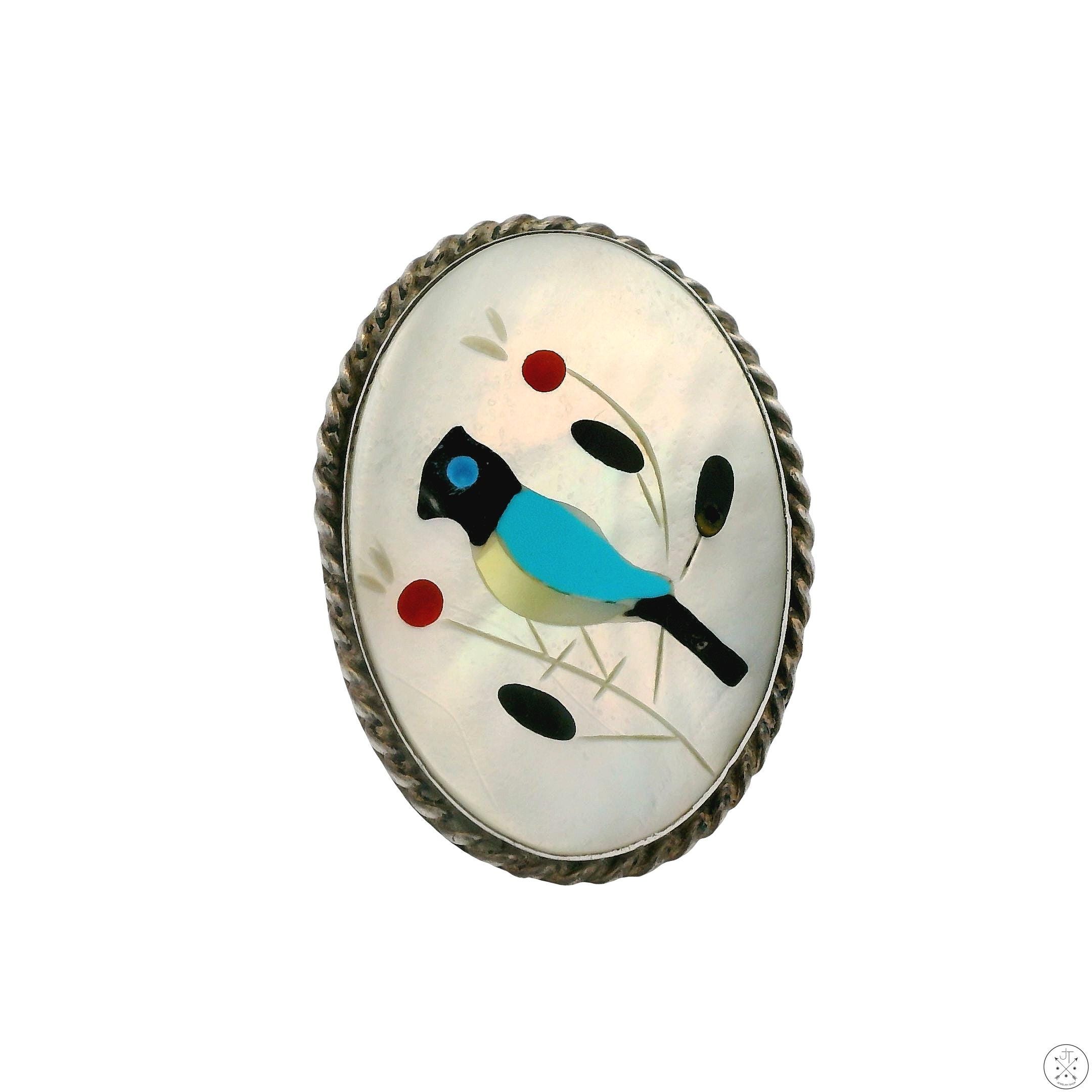 Vintage Sterling Silver Blue Jay Ring Inlay Mother of Pearl Size 8.5