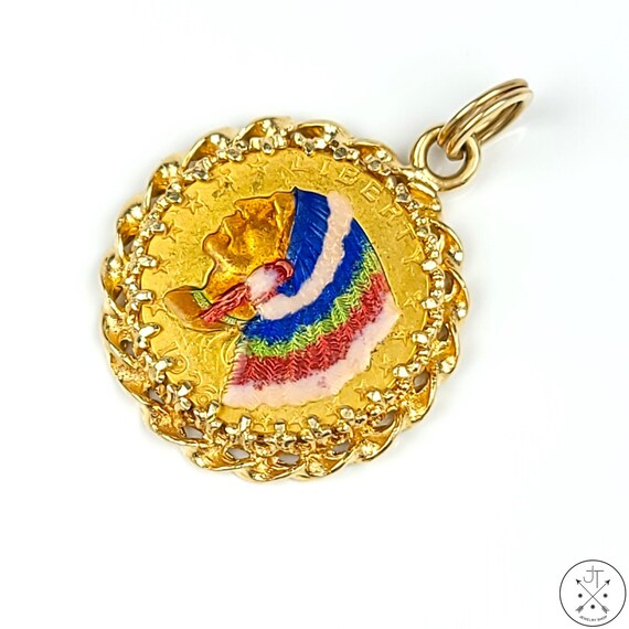 Vintage 14k Yellow Gold Pendant with Colorized 19… - image 2