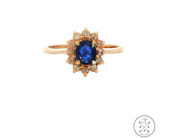 Vintage 14k Yellow Gold Ring with Natural Sapphire Diamond Halo Size 9