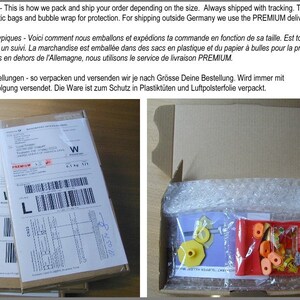 May include: Two cardboard boxes with labels and barcodes. The boxes are stacked on top of each other. The top box is labeled "PREMIUM". The bottom box is labeled "L". The boxes are on a wooden surface. A brown cardboard box with a white bubble wrap lining. The box is open and contains a red plastic bag with orange gummy candies inside. The bag is labeled "HARIBO".