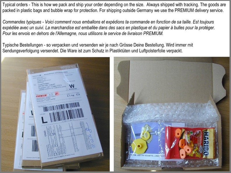 May include: Two cardboard boxes with labels and barcodes. The boxes are stacked on top of each other. The top box is labeled "PREMIUM". The bottom box is labeled "L". The boxes are on a wooden surface. A brown cardboard box with a white bubble wrap lining. The box is open and contains a red plastic bag with orange gummy candies inside. The bag is labeled "HARIBO".