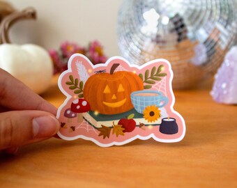 Cozy Autumnal Sticker | Jack-o-Lantern Pumpkin, Book, Mug