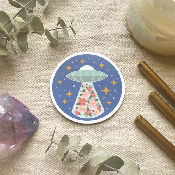 Floral UFO sticker / gift for sci-fi outer space lover / flower star ship extraterrestrial girly alien / celestial boho mystical cute decal