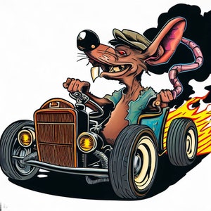 classic Rat Fink style vintage hot rod art, capturing the rebellious spirit and iconic designs of the retro automotive scene.