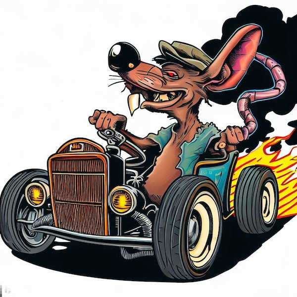 classic Rat Fink style vintage hot rod art, capturing the rebellious spirit and iconic designs of the retro automotive scene.