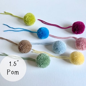 May include: Assortment of 1.5 inch pom poms in various colors, including green, blue, pink, brown, and yellow. Each pom pom is attached to a string.