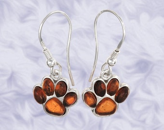 Amber Dog Paw Print Drop Earrings. 925 Sterling Silver Genuine Baltic Honey Amber Perfect Gift.