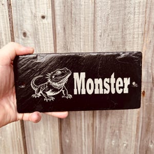 May include: A rectangular black slate sign featuring an engraved white illustration of a bearded dragon on the left side and the word Monster in a bold, white serif font on the right side, with two small pre-drilled holes on the far edges.