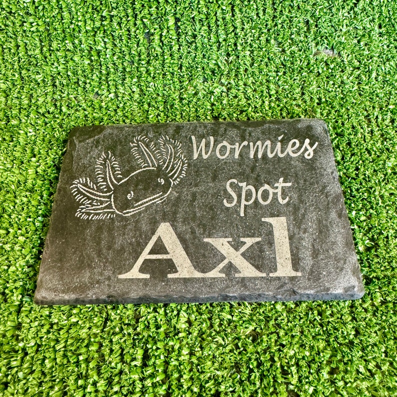 May include: A black slate sign with the words "Wormies Spot Axl" engraved in white. The sign also features a drawing of an axolotl.