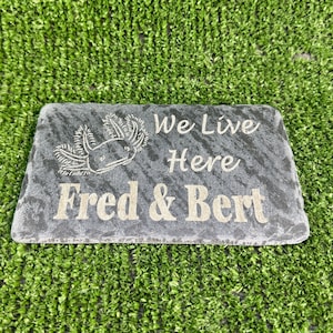 May include: A gray slate stone sign with the text "We Live Here Fred & Bert" engraved in gold lettering. A small axolotl illustration is also engraved on the sign.