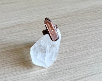 Clear quartz  single raw stone copper statement ring.