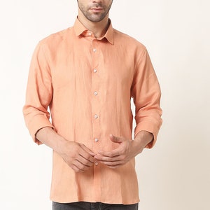 Classic Pure Linen Men&#39;s Shirt in Solid Peach | Long Sleeves Buttoned Shirt | Classic Linen Shirt | Summer Shirt | Linen Clothing for Men