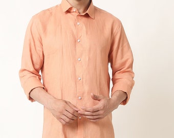 Classic Pure Linen Men's Shirt in Solid Peach | Long Sleeves Buttoned Shirt | Classic Linen Shirt | Summer Shirt | Linen Clothing for Men