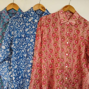 Pure Cotton Handblocked Peach and Red Full Sleeves Shirt for Women