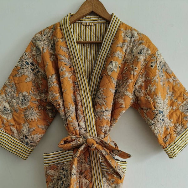 Unisex Quilted Luxury Mustard Yellow & Grey White Floral Garden Handblock Cotton Short Reversible Kimono Jacket Robe Handmade