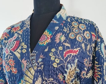 Unisex Classic Kantha Cotton Kimono Robe in Blue Floral Print | Houserobe | Cotton Kantha Robe | Long Kantha Kimono Jacket | Handmade Robe