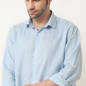 Classic Pure Linen Men&#39;s Shirt in Columbia Blue | Long Sleeves Buttoned Shirt | Classic Linen Shirt | Summer Shirt | Linen Clothing for Men