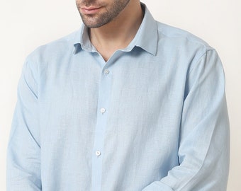 Camicia da uomo classica in puro lino in Columbia Blue / Camicia con bottoni a maniche lunghe / Camicia classica in lino / Camicia estiva / Abbigliamento in lino per uomo