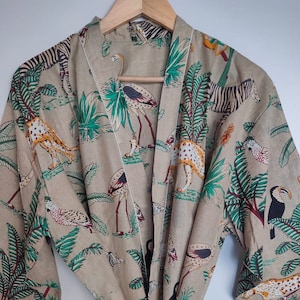 Unisex Pure Cotton Handprinted House Dressing Robe Kimono Jaguar & Zebra Safari Desert Brown Printed Beach Coverup/Comfy Robe/ Man Robe