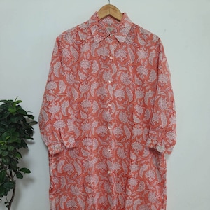 Relaxed Fit Cotton Handblocked Summer Shirt Dress with Side Pockets in Orange & White Floral Garden