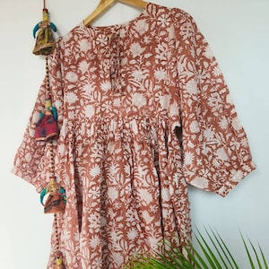 Comfort-Fit Pure Cotton Balloon Sleeves Summer Blockprint Dress in Earthy Brown & Beige Floral