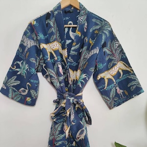 Short Unisex Pure Cotton Waffle House Bath Robe Summer Robe Spa Cover Up Make Up Dressing Gown Beachwear  | Jungle Safari Denim Blue Kimono